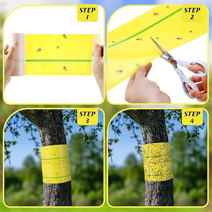 12 Rolls (30 Feet Each) Spotted Lantern Fly Tree Trap Outdoor Fruit Fly Sticky Strips Paper Ant Insect Sticky Barrier Tree Trunk Wraps to Protect Trees Plants, Lawn, Garden(Yellow and Green)