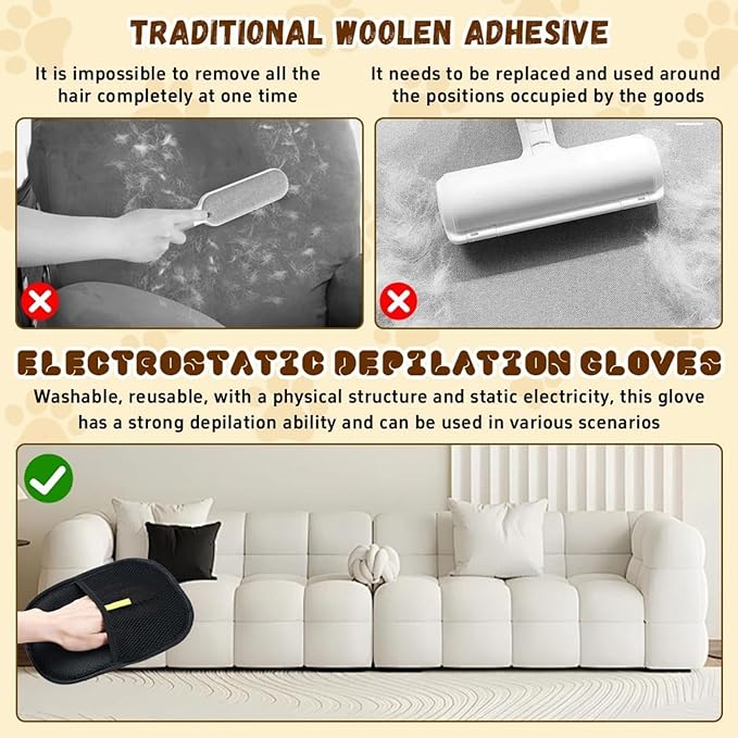 Pet Hair Removal Glove, Pet Hair Remover Gloves for Cats & Dogs, Dogs, Electrostatic Pet Hair Removal Gloves Brush for Pets Hair, Suitable for All Pets (2pcs)