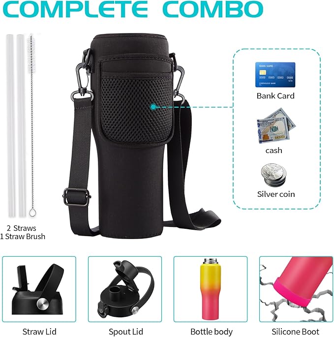 32oz Stainless Steel Water-Bottle with Straw -Keeps Cold 48h & Hot 24h, Insulated Water Bottles w/Strap Carrier Pouch & Boot, Travel Cup Fits in Car Cup Holder