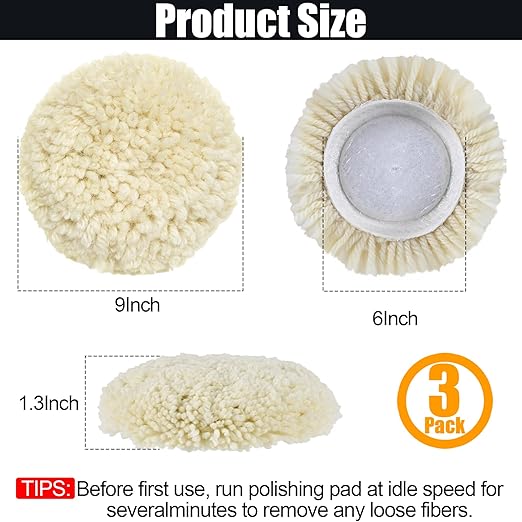 3 PCS Wool Buffing Polishing Pads 6 Inch, Natural Wool Cutting Pads with Hook and Loop Backing Compound & Polishing for Automotive Car Boats Glass Furniture Repair