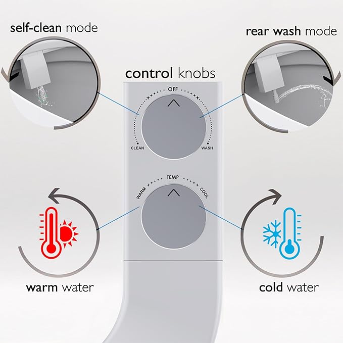 BIDETbidet Left/Right Reversible WARM WATER Ultra-Slim Bidet Attachment with Temperature Control, Interchangeable Knob Set, Hinged Nozzle, Non-Electric, Easy Install, Fits Most Toilets, Off-White