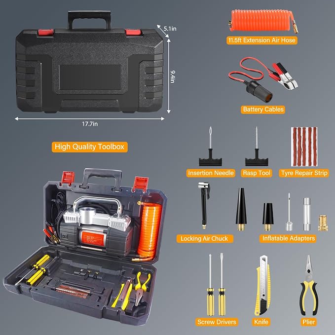 GSPSCN Heavy Duty Tire Inflator 12V Portable Toolbox Air Compressor Pump | with Tire Repair Kit,6X Faster Inflation Dual Cylinder Air Pump LED Light for Cars,SUV,Truck,Pickup,Balls,RV,Van,Camper