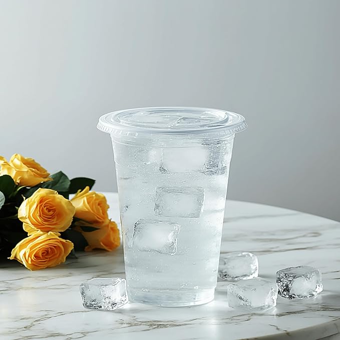 TashiBox plastic cups with lids [20 oz 100cups&100flat lids],Clear Crystal disposable plastic cups,smoothie cups