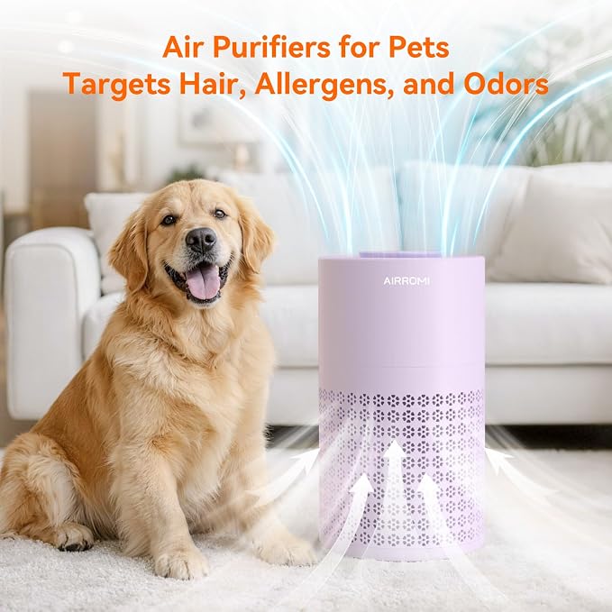 AIRROMI Air Purifier for Bedroom with HEPA 3-in-1 Filter, Pet Air Purifier for Home Cat Pee Smell, Covers Upto 990 Ft², Quiet 360°intake Air Cleaner for Pet Hair,Allergies,Pollen,Smoke A2001 Purple