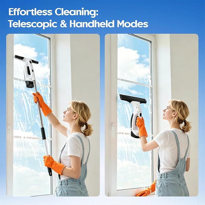 Window Vacuum Squeegee Cordless, 2200mAh Electric Window Squeegee Vacuum with 0.8-1M Extendable Pole, 2000Pa Window Sill Cleaning Tools, for High Windows, Shower Glass, Car, Kitchen