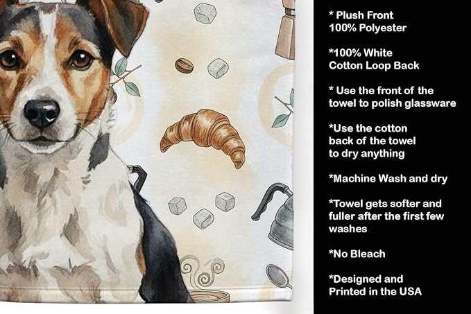Caroline's Treasures Tricolor Russell Terrier Coffee Bar Kitchen Towel Velour Plush Front and Cotton Loop Back Machine Washable