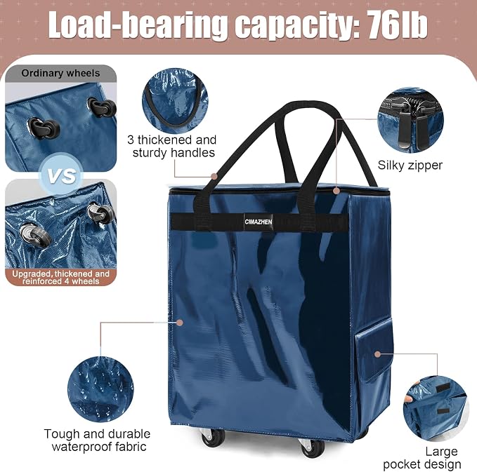 (Medium,Navy Blue) Reusable Grocery Bag on 4 Wheels, 70L Foldable Rolling Tote Bag with 3 Handles and Zipper, Rolling Shopping Cart for Groceries, Storage, Laundry, Travel, Organizer, 76lb