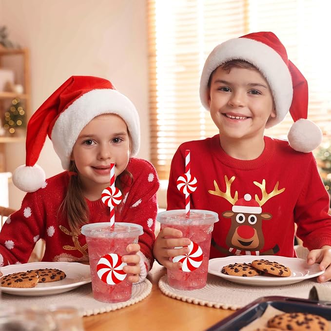 Whaline 50 Pcs 12 Oz Christmas Disposable Plastic Cups with Lids and Straws Red Peppermint Candy Cold Beverage Drinking Cups for Winter Xmas Birthday Party Supplies
