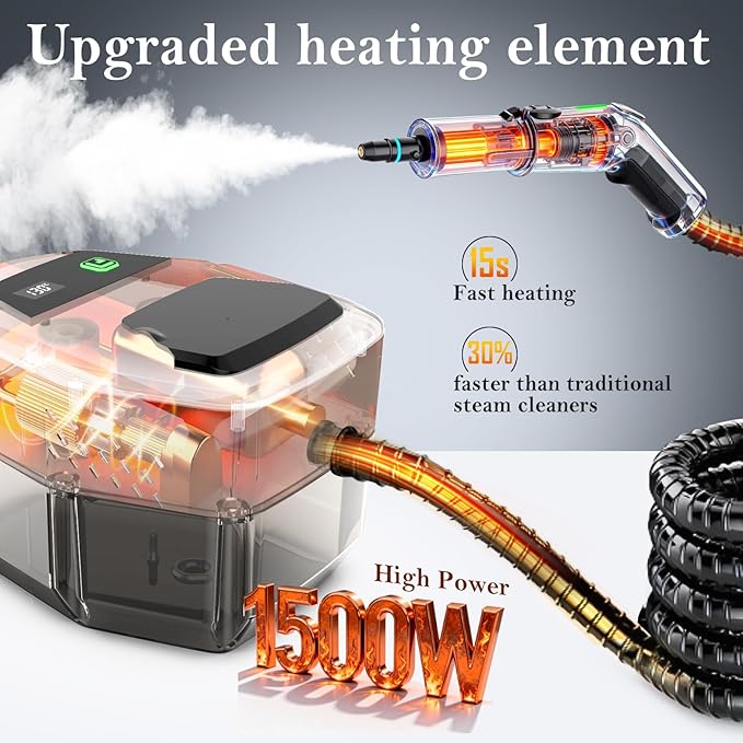 Steam Cleaner, 3-Level Adjustable Handle, 15s Heat-Up, Steamer for Cleaning With 1.8L Large Tank, Dry Burn Protection, Handheld Steam Cleaner for Home, Bathroom, Tile, Grout,Car with 12pcs Accessories