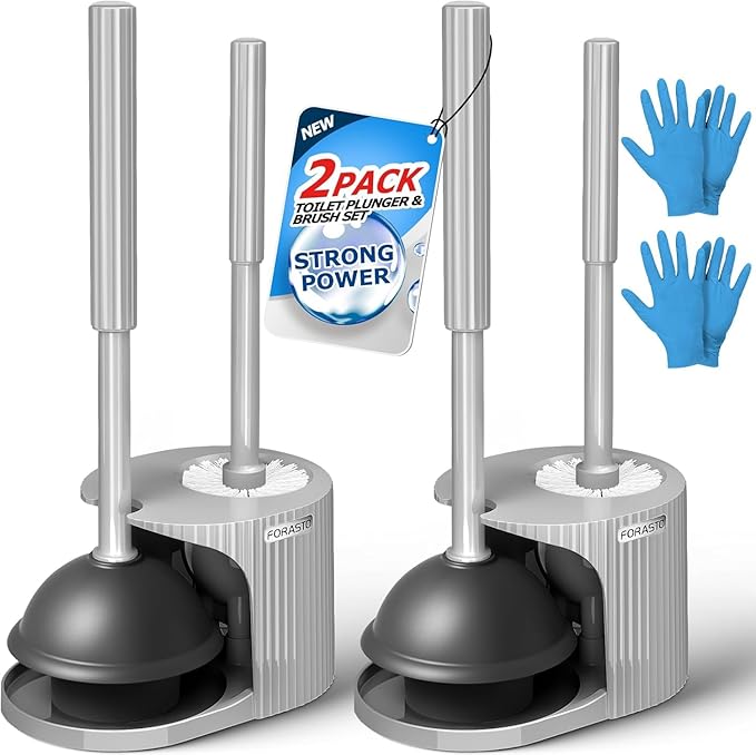 FORASTO 2Pack 2 in 1 Toilet Brush and Plunger Set,Clean Gloves, Extended Handle Plunger，Toilet Bowl Brush Plunger Set,Bathroom Cleaning Tools,Toilet Brush Plunger Combo,Cleaning Brush(Charcoal Gray)
