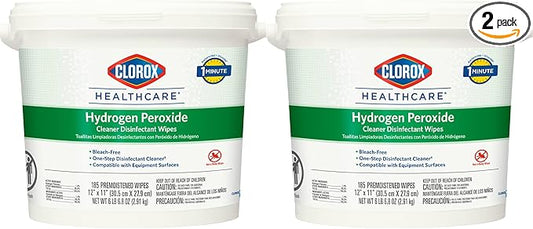 Clorox Healthcare Hydrogen Peroxide Cleaner Disinfectant Wipes, 12" x 11", Bucket, 185 Count, Pack of 2 (Package May Vary)