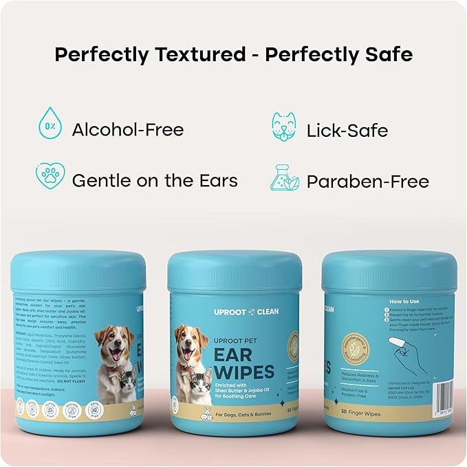 Uproot Clean Washing Machine Cleaner Tablets Ultra + Dog & Cat Ear Cleaner Finger Wipes: 40% Stronger Tablets for Odors & Residue + Shea Butter & Jojoba Oil Dog Ear Wipes for Wax, Odor & Discomfort