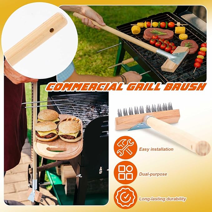 1 Pcs Stainless Steel Grill Brushes, Commercial Grill Scraper with 30'' Long Wooden Handle Oven Charbroiler Cleaning Brush for Outdoor Kitchens BBQ Restaurants