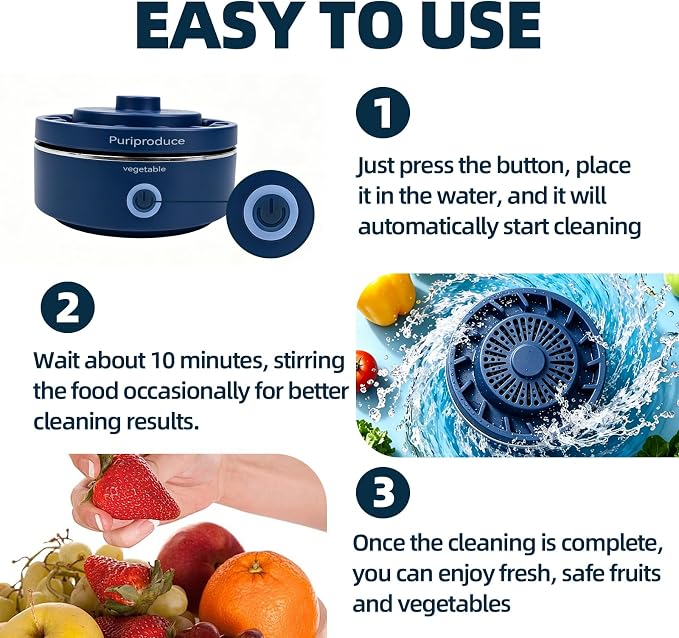 Cleaner, Portable Food Cleaner for Removing Surface Impurities, Wax & Grime, 10-Minute Automatic Cleaning, IPX7 Waterproof. Applicable to Fruits, Meat, Veggies and Grains.