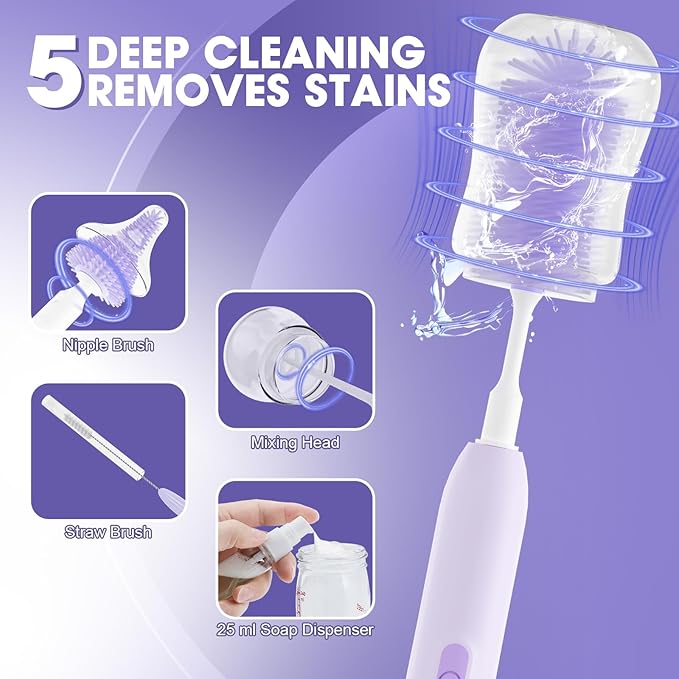 Electric Bottle Brush Cleaner,Electric Baby Bottle Brush Cleaner with Silicone Nipple&Straw Brush,Soap Dispenser,Drying Rack-Waterproof,Long Battery Life,Travel Bottle Cleaner Kit for Babies