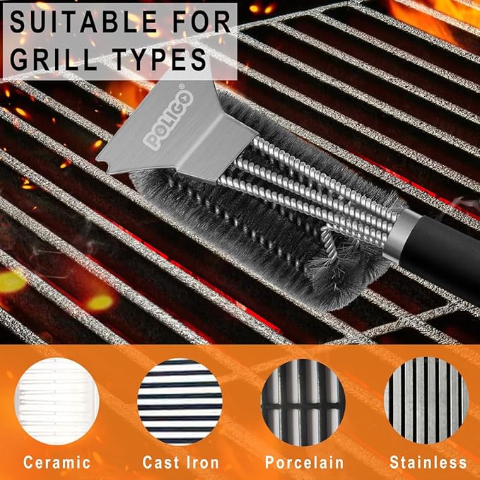 POLIGO Safe Wire Grill Brush and Scraper Bundle with 7PCS Golf-Club Style Grill Tools Kit with Rubber Handle - Premium Grill Accessories for Outdoor Grill Ideal Christmas Birthday Gifts for Men Dad
