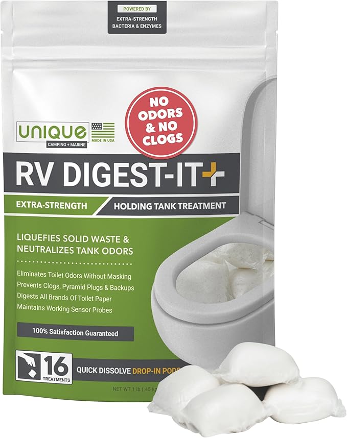 Unique RV Digest-It Plus RV Tank Treatment Pods – 16 Treatments, Breaks Down Waste & Toilet Paper + Eliminates Odors at Source, RV Black Tank Treatment