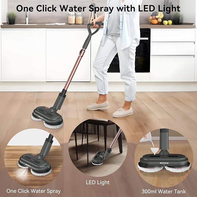 VMAI Cordless Electric Mop, Electric Mops for Floor Cleaning, Spin Mop with LED Headlight, Water Spray, Cordless Mop Up to 60 mins Detachable Battery, Floor Scrubber for Hardwood Floors