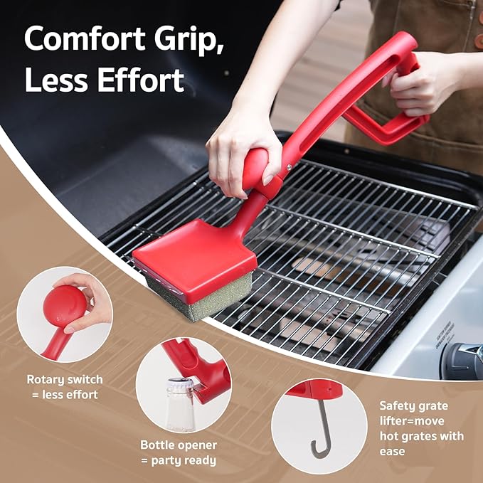 GASPRO Grill Brush Bristle Free for Outdoor Grill, BBQ Grill Cleaning Brush with Replaceable Scrub Sponge Head & Scraper, Ergonomic Handle, Safe for Stainless Steel, Cast Iron & Porcelain Grate