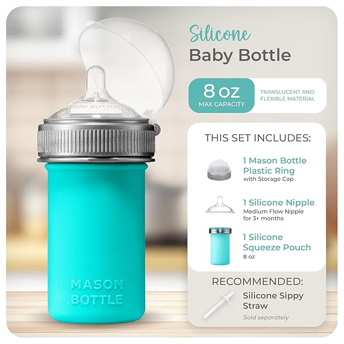 Mason Bottle 8oz Silicone Baby Bottle with Medium Flow Nipple (3+ Months) – Breastfeeding Bottle, Reusable Silicone Squeeze Pouch – BPA & BPS-Free, Non-Toxic, Made in USA (Teal)