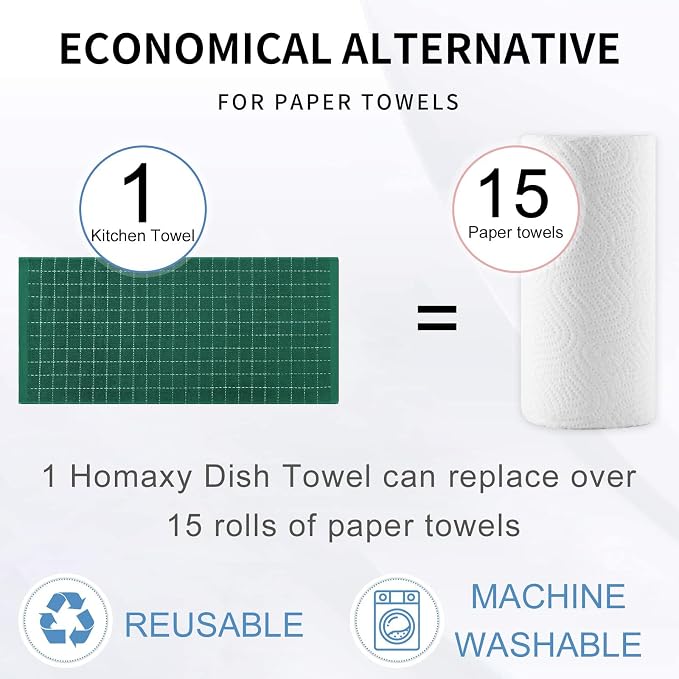 Homaxy Kitchen Towels and Dishcloths Set, 12 x 12 and 13 x 28 Inches, Set of 16 Bulk Cotton Terry Kitchen Towels Set, Checkered Designed, Soft and Super Absorbent Dish Cloths, Dark Green