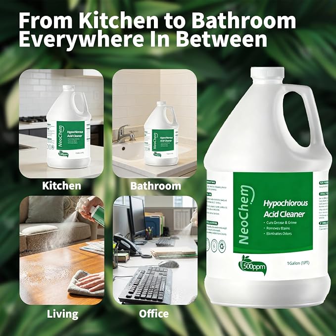 Hypochlorous Acid Spray For Cleaning, 500ppm Hypochlorous Acid,Cuts Grease, Removes Stains, Eliminates Odors - No Rinse, No Harsh Fumes, Biodegradable (1Gallon*2)