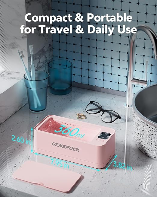 GENSROCK Ultrasonic Jewelry Cleaner, 48kHz Professional Silver Jewelry Cleaner & Diamond Ring Cleaner, 3 Modes, Scratch-Free 360ML Tank, Quiet Sonic Cleaner for Gold, Earrings, Glasses(Pink)