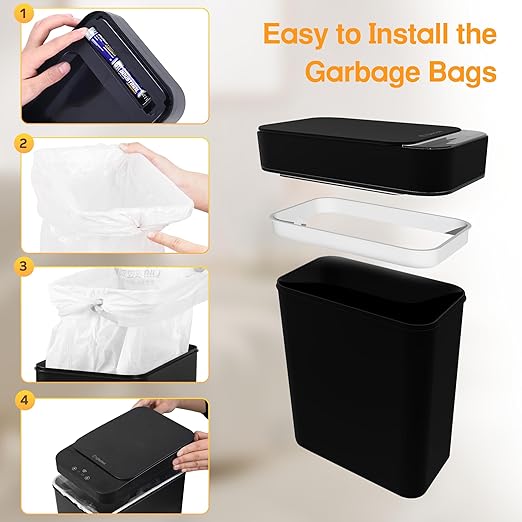 4 Gallon Bathroom Smart Touchless Trash Can for Kitchen Automatic Motion Sensor Rubbish Can with Lid Waterproof Narrow Small Garbage Bin for Kitchen, Toilet, Bedroom, RV(Black,Battery)