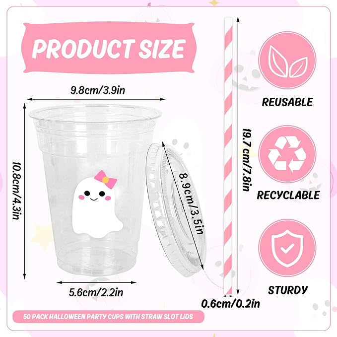 Whaline 50 Pcs Halloween Disposable Plastic Cups with Lids and Straws Cute Pink White Ghost Cold Beverage Drinking Cups for Trick or Treat Birthday Party Supplies