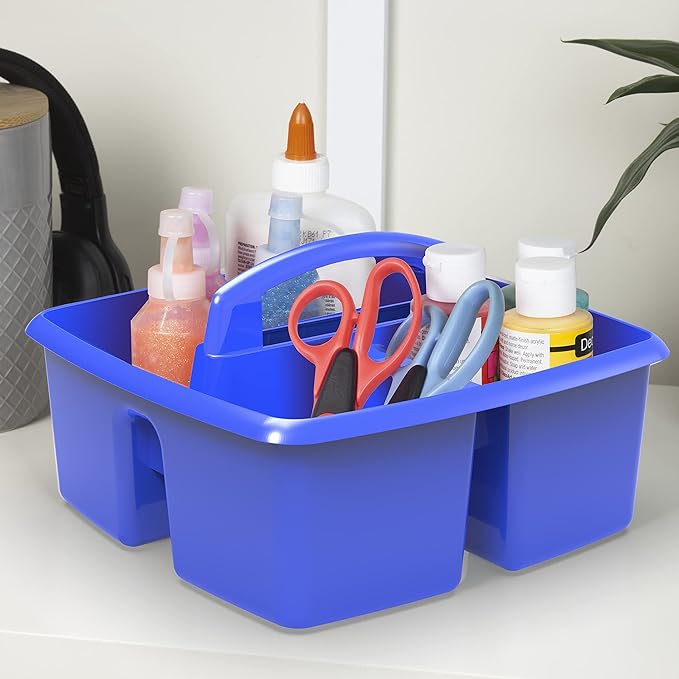 Storex 3-Compartment Small Caddy – Multipurpose Classroom Organizer with Handle, Blue, 5-Pack (00947E06C)