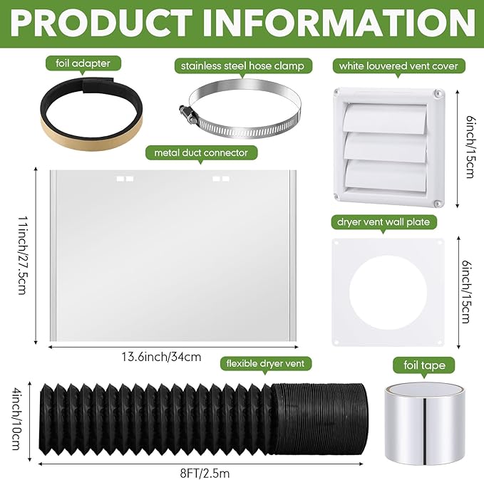 Glooglitter Dryer Vent Kit 4 Inch Dryer Ducting Tube Vent Hose Connector Wall Ducting Kit for Air Circulation (Black)