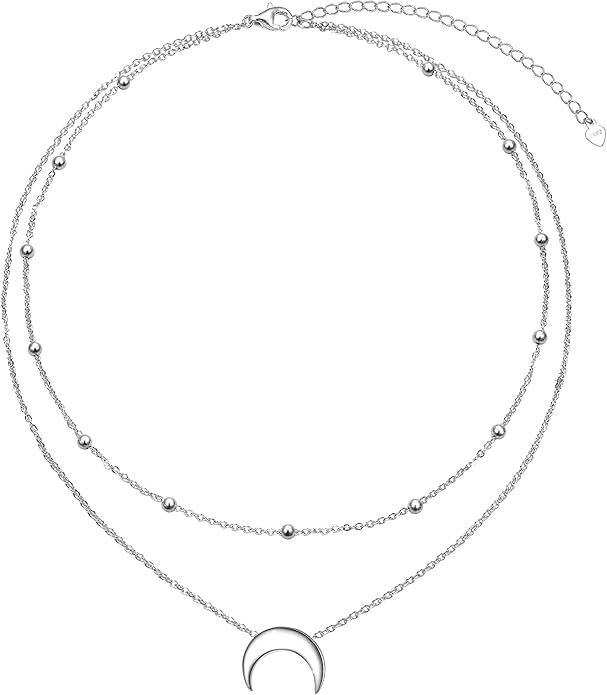 FLYOW Layered Choker Necklace S925 Sterling Silver Star Full Moon Daisy Flower Pendant Disc Jewelry Adjustable Clavicle Necklaces for Women Girls Birthday Gifts