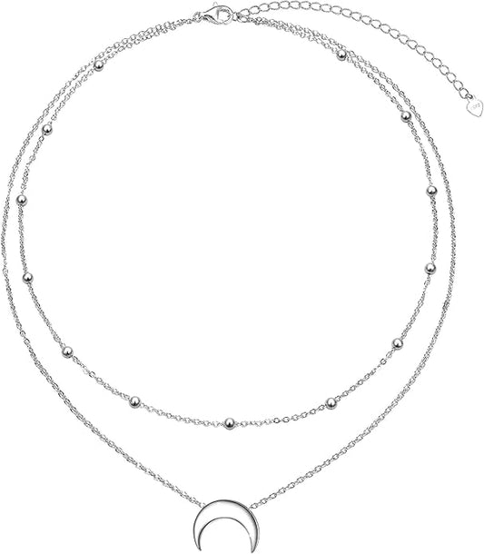 FLYOW Layered Choker Necklace S925 Sterling Silver Star Full Moon Daisy Flower Pendant Disc Jewelry Adjustable Clavicle Necklaces for Women Girls Birthday Gifts