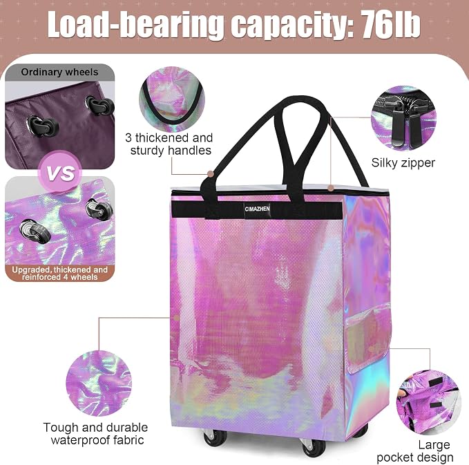 (Medium,Mermaid) Reusable Grocery Bag on 4 Wheels, 70L Foldable Rolling Tote Bag with 3 Handles and Zipper, Rolling Shopping Cart for Groceries, Storage, Laundry, Travel, Organizer, 76lb