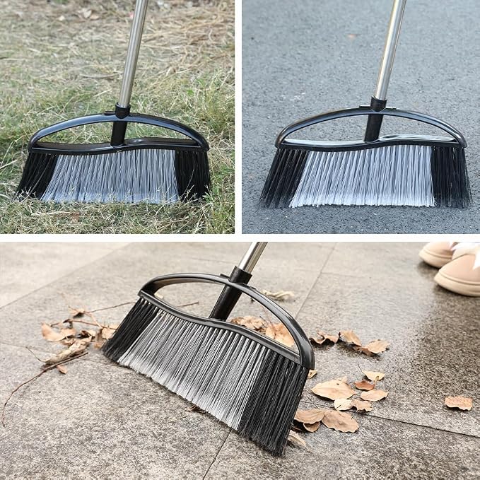 Heavy Duty Outdoor Broom - 15.7" Wide Broom with Long Adjustable Handle & Stiff Bristles for Patio, Garage, Yard, Garden (Black)