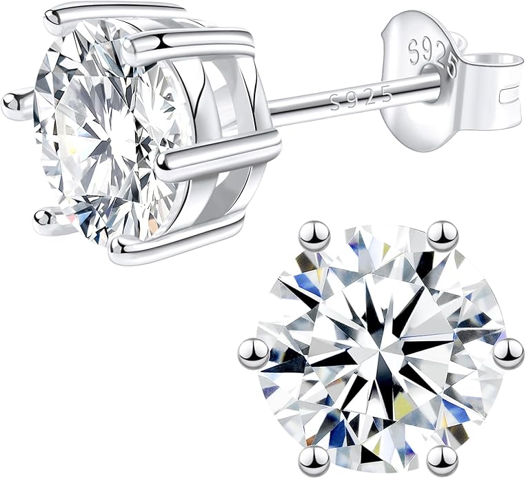 Moissanite Stud Earrings, 0.6–3.0ct Lab Created Diamond Earrings for Women & Men, D Color VVS1 Clarity, 925 Sterling Silver, 14K White Gold Plated, Hypoallergenic Solitaire Studs Jewelry Gift