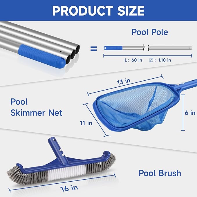 Swimming Pool Cleaning Kit - Includes Pool Skimmer Net, 18" Pool Brush with 5ft Adjustable Pole, Pools Maintenance Kits for Inground & Above Ground Swimming Pools, Removes Debris