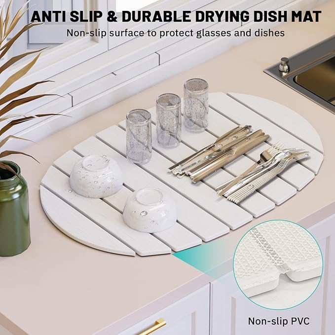 Large Stone Drying Mat for Kitchen Counter, Quick Drying Foldable Dish Drying Mat, Super Absorbent Diatomaceous Earth Drying Mat for Dishes Bottles Cups, Match Any Countertop (White, 22.8"x15.4")
