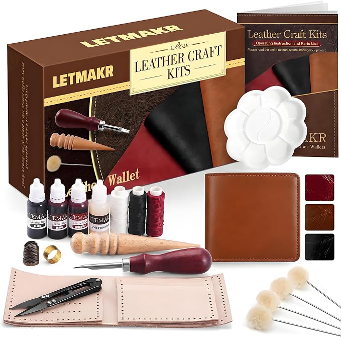Leather Working Tools-Leather Crafting Kit with Paint Set and Cowhide-Men's Wallet DIY Kit-Birthday Gift for Men,Dad,Boyfriend,Husband-Art and Crafts for Adults-Hobbies for Women and Men