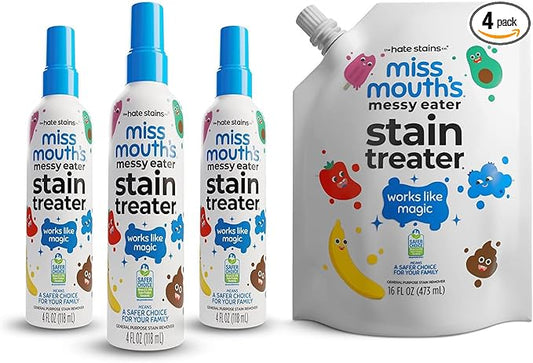Miss Mouth's Messy Eater Stain Treater Ultimate Refill Bundle - 4oz 3-Pack Spray & 16oz Refill Pouch - Laundry Spot Cleaner for Baby Clothes & Fabric
