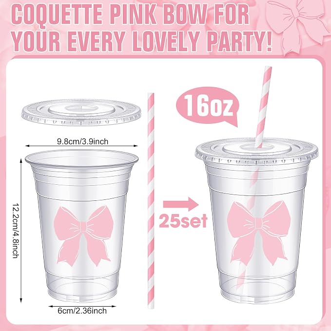 Sliner 25 Pcs 16 oz Coquette Disposable Plastic Cups with Straw for Party Supplies Bow Cups Birthday Wedding Bridal Engagement Party Drinkware Baby Shower Decoration (Pink Bow)