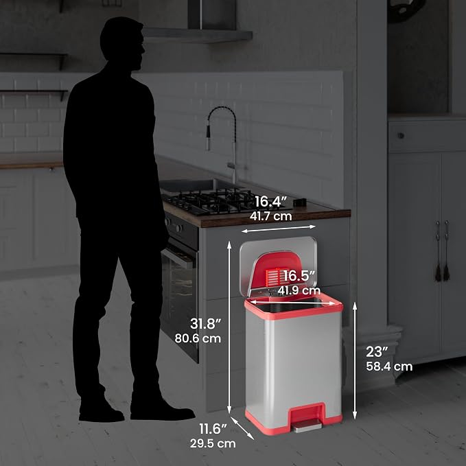 Halo TapCan 13 Gallon Effortless One-Tap Pedal Sensor Trash Can with Odor Filter and AC Adapter-Stainless Steel with Red Trim, Kitchen and Office Garbage Bin (TC13SRAC)