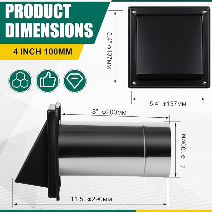 Gisafai 4" Dryer Vent Cover Outside with Stainless Steel Guard Wall Dryer Exhaust Cap and Removable Extended Pipe Vent Shroud Hood Cushioned Non Return Flap with Sealing Gasket Grille(Black)