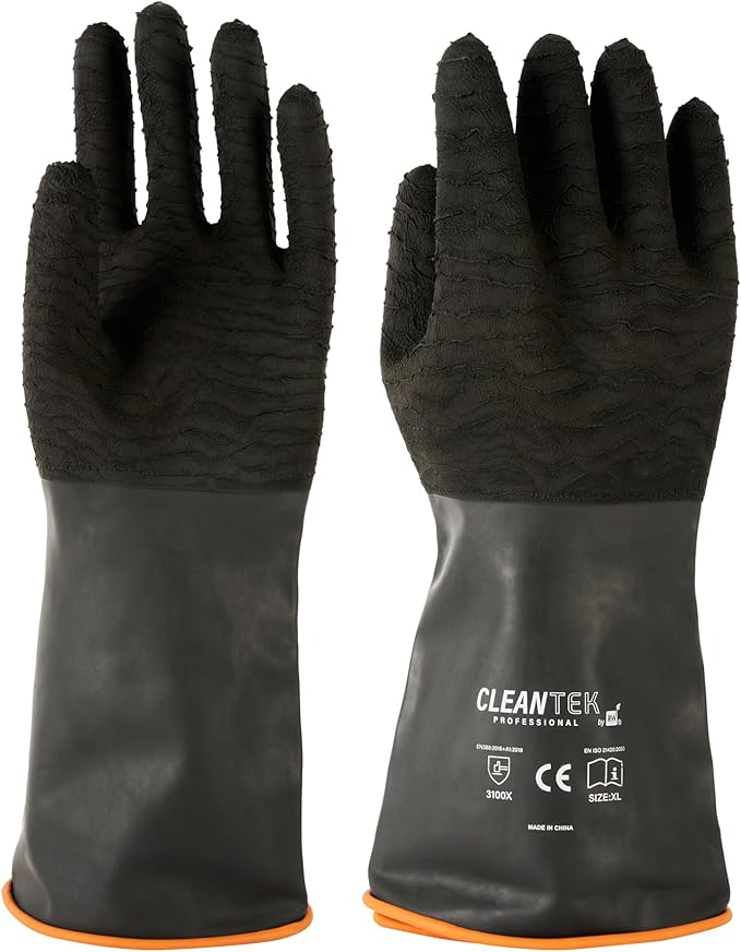 Restaurantware Chemical Resistant Gloves 10 Pairs 13.78 Inch Rubber Industrial Work Gloves Heavy Duty Unlined Black Non-Slip Roll Cuff Reusable Gloves for Mining