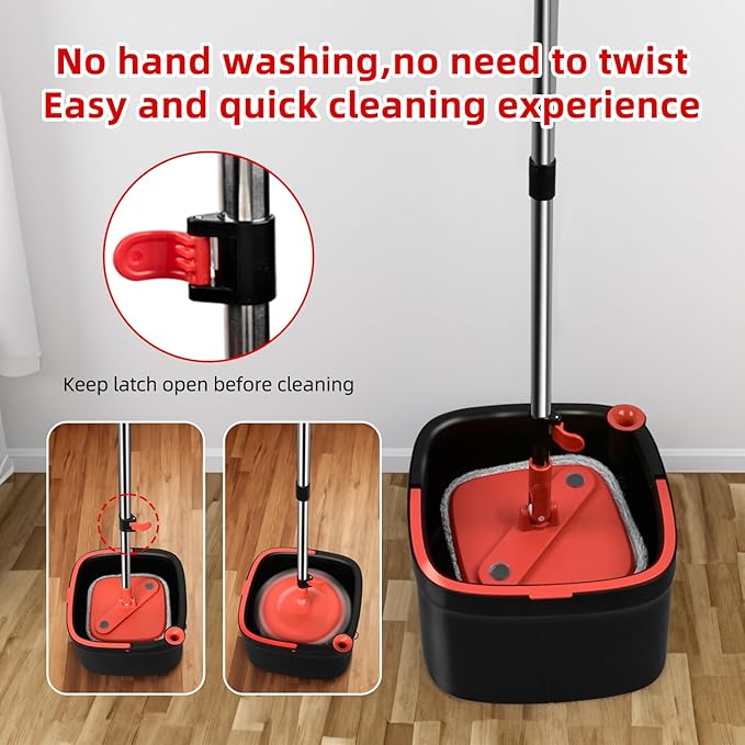 Spin Mop and Bucket Set with Self Separation Dirty and Clean Water System with 14 Pads, Square Mop Bucket Self Wringing 360° Rotating Clean Mop-Head for Hardwood Tile Marble Floors (Black+Red