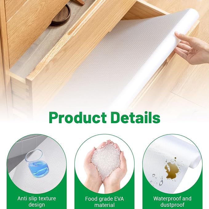 Non-Adhesive Shelf Kitchen Drawer Liners 12 in x 33 FT, Washable Oil-Proof Pantry Liner for Shelves Cabinet Dresser Cupboard, Non-Slip Thickened EVA Mats for Refrigerator Countertop