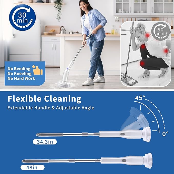 Electric Spin Scrubber, Brush Head Angle Adjustable, Shower Brush, Cordless Cleaning Brush IPX6 Waterproof, 6 Replaceable Brush Heads, Extendable Handle, 2 Speed, for Bathroom, Tile, Kitchen, Car