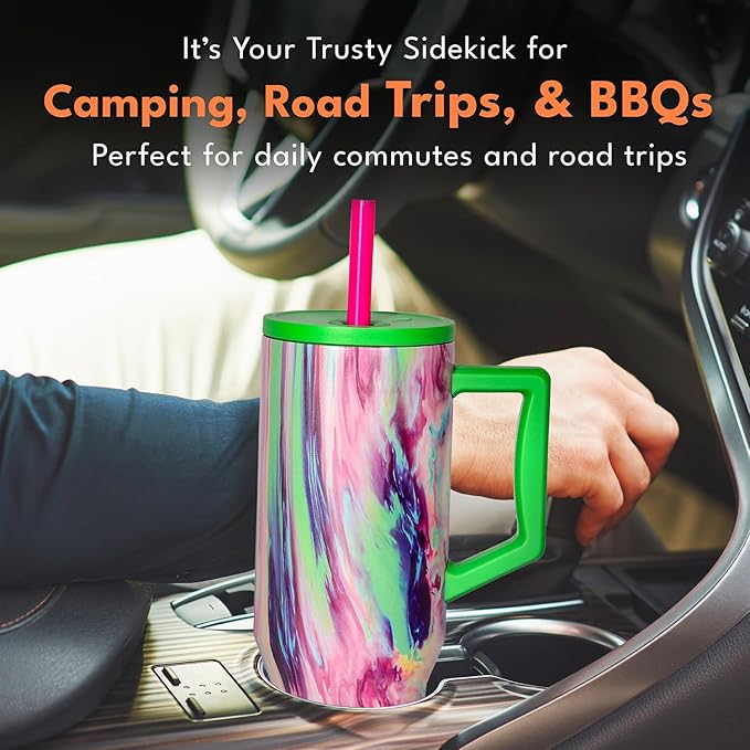 Elemental 40 oz Tumbler with Handle and Straw - Spill Proof Insulated Stainless Steel Commuter for Cold Beverages - Travel Coffee Mug with 2 Straws & Spill Proof Lid - 40oz - Aurora Dream