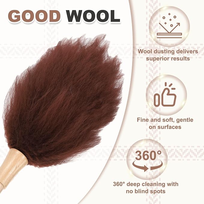 uxcell Wool Duster, 14.2" Natural Feather Cleaner Household Cleaning Duster with Solid Wooden Handle for Cleaning Fans Window Blinds Shelves Furniture, Coffee