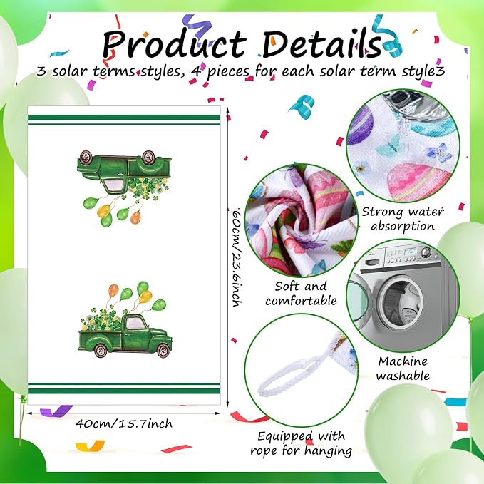 Hahafelt 12 Pcs St. Patrick's Day Kitchen Towels, Easter Hand Towels Seasonal Holiday Valentine's Day Decorative Dish Decor with Truck Shamrocks Bunny Absorbent Soft for Kitchen Bathroom, 16 x 24 Inch